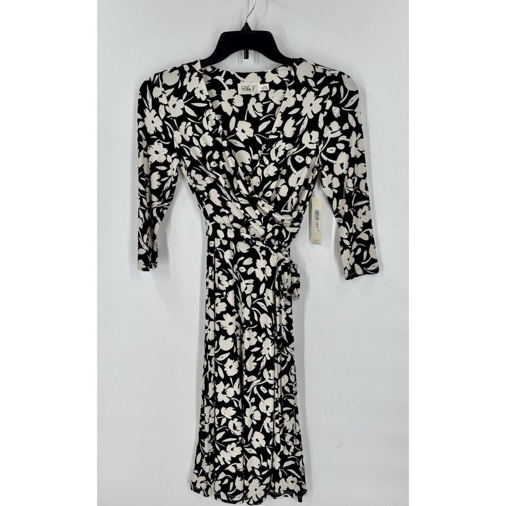 Eliza J NWT Black & White Floral Half Wrap Midi Dress Jersey Knit Size 2